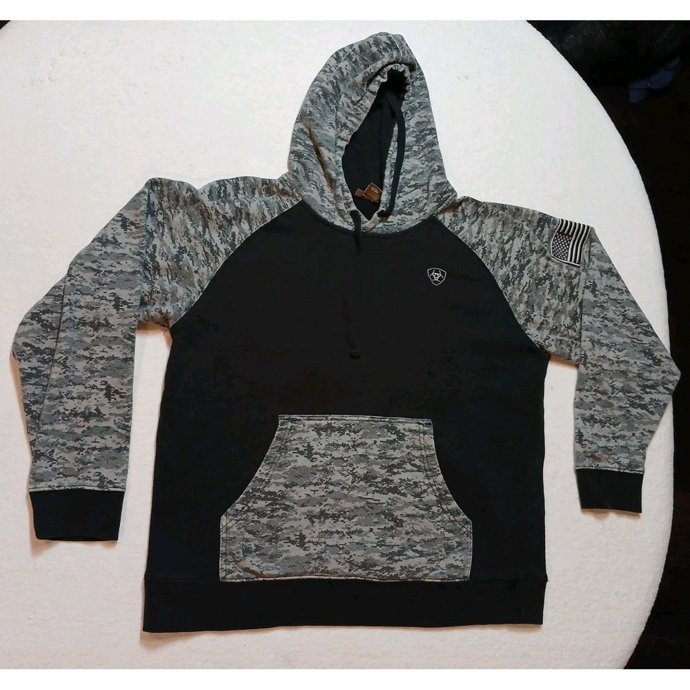 Ariat Patriot Hoodie Mens Large L Black Gray Digital Camo American Flag Patch